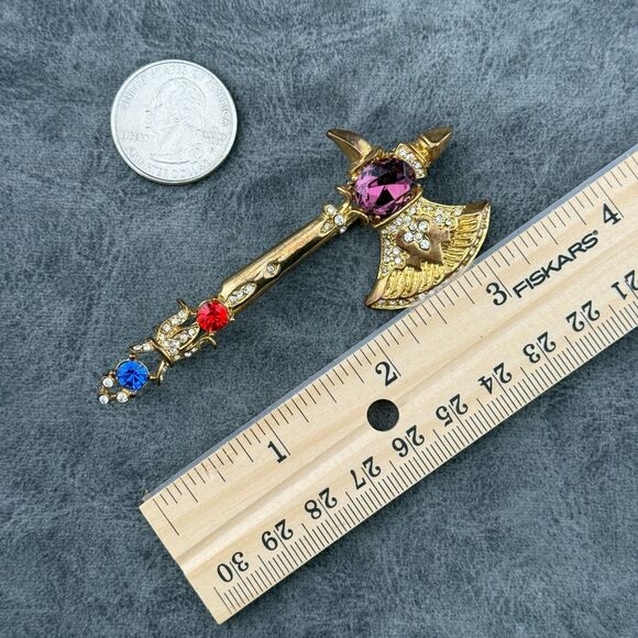 Hatchet Axe Brooch Pendant Vintage Unmarked Gold-tone Metal Rhinestone 3.25" H - Picture 11 of 11